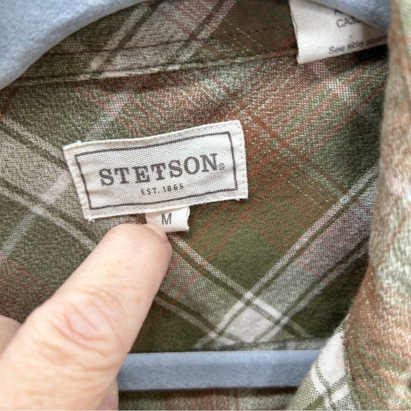 Stetson Men’s green and tan plaid pearl snap button shirt - Picture 2 of 8